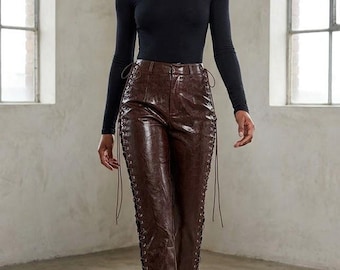 Women's Lace-Up Dark Brown Faux Leather Pants | Side Corset Ties, High-Waisted Straight Leg Trousers
