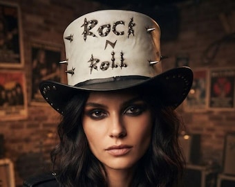 Custom Silver & Black "Rock N Roll" Spiked Leather Top Hat
