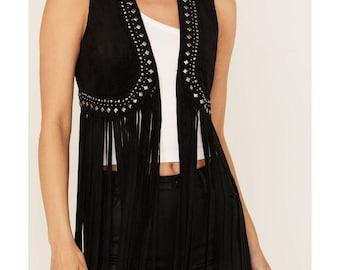Chaleco de gamuza negra con flecos hecho a mano – Chaleco vaquero estilo western con tachuelas