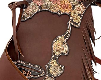 Handcrafted Floral Tooled Leather Chaps with Fringe