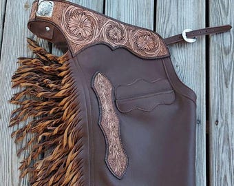 Handcrafted Dark Brown Leather Chaps with Tooled Yoke and Fringe