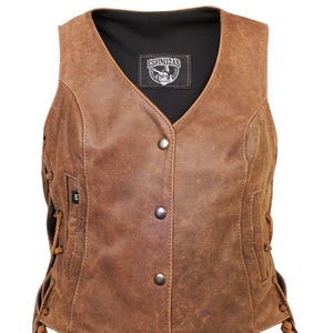 Women&#39;s High V Leather Vest – Vintage Brown