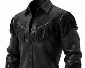 Black Leather Western ShirtMen’s Slim-Fit Handcrafted Cowhide Snap-Front