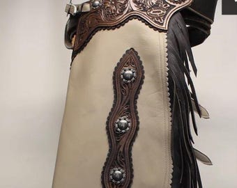 Handcrafted Taupe Leather Chinks with Tooled Yoke & Silver Conchos – Western Rodeo Chaps with Fringe