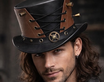 Steampunk Leather Top Hat – Gothic Victorian Style Statement Hat for Men