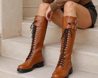 Cognac Brown Leather Knee High Boots, Vintage Lace Up Riding Boots, Women's Buckle Combat