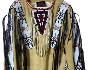 Männer Traditionelle Kleidung Western Style Wildleder Leder Krieger Shirt Fransen & Perlen