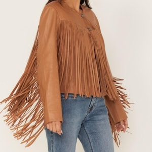 Tan Leather Fringe Jacket | Western Cowgirl Fringe Coat | Boho Rodeo Festival Style Outerwear