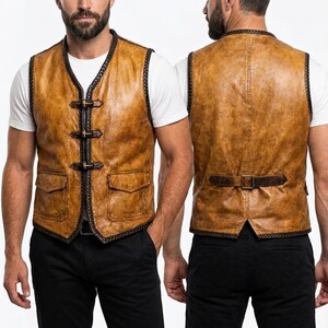 Chaleco de cuero color mostaza para hombre con ribete trenzado imagen 3