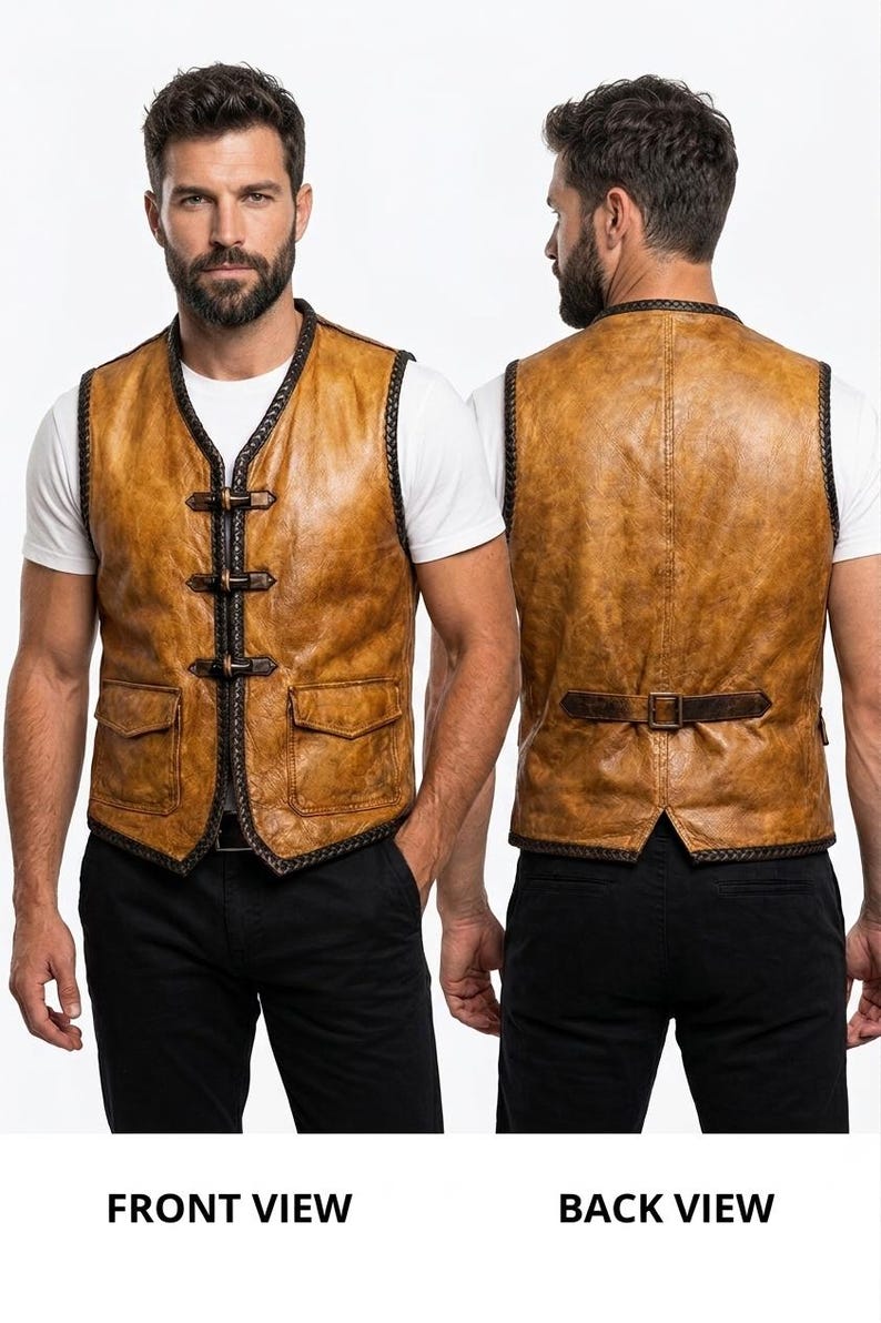 Chaleco de cuero color mostaza para hombre con ribete trenzado imagen 3