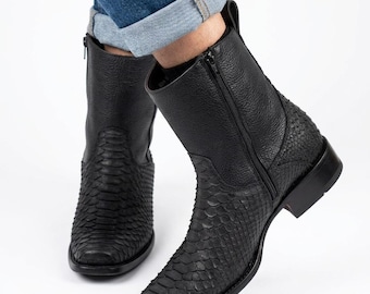Botines vaqueros de piel de serpiente auténtica negra para hombre, hechos a mano / Botas de motorista de lujo con punta cuadrada