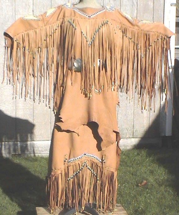 native american leather dress Southwestern Native American Style Leather Asymmetrical Dress With Horsehair Beads Decor Antler Buttons