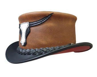 Western Top Hat with Bull Skull Appliqué Rustic Cognac Leather