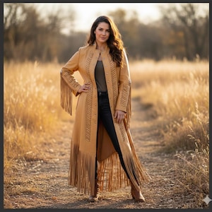 Handmade Western Fringe Leather Coat – Long Cowgirl Duster Jacket with Native-Inspired Design