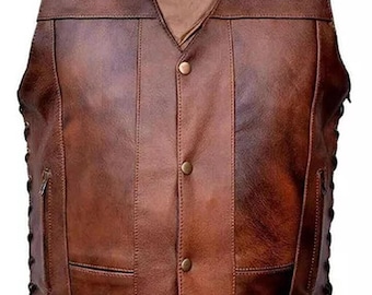 Men’s Brown Leather Vest – Western Style with Snap Buttons & Side Laces