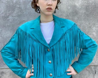 Vintage Turquoise Suede Fringe Jacket | Western Cowgirl Cropped Coat