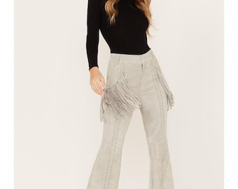Western Flare High-Rise Suede Fringe Pants