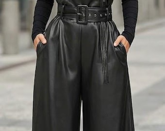 High-Waisted Cognac Faux Leather Wide-Leg Trousers