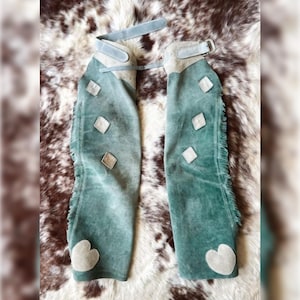 Handcrafted Western-Style Suede Leather Chap Chinks – Turquoise with Heart & Diamond Accents