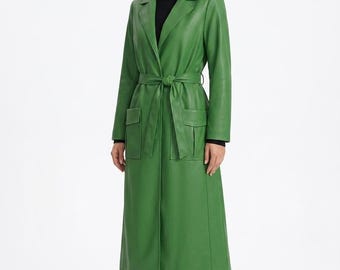 Women’s Longline Green Leather Trench Coat