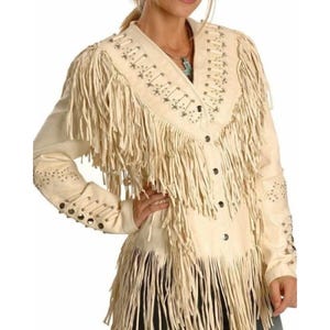 Women&#39;s Western Fringe Leather Jacket – Handmade Cowgirl Style with Cream Real Leather