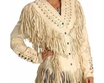 Women's Western Fringe Leather Jacket – Handmade Cowgirl Style with Cream Real Leather
