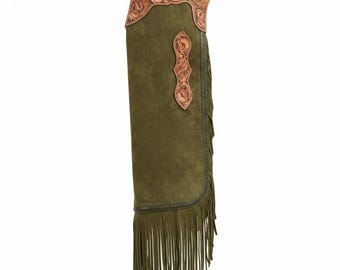 Custom Green Suede Chaps with Leather Accents Fringe Codys Custom Saddlery