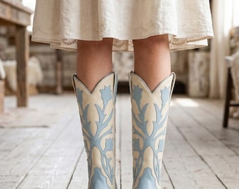 Women’s Sky Blue & Cream Inlay Leather Western Boots