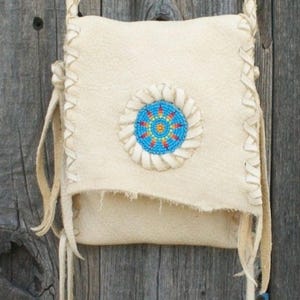 Handmade Beaded Medicine Bag White Leather Crossbody Pouch with Fringe Native-Inspired Design