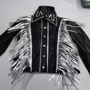 Silver Fringe Black Leather Jacket – Western Rodeo Style | Handmade Statement Jacket