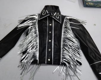 Silver Fringe Black Leather Jacket – Western Rodeo Style | Handmade Statement Jacket