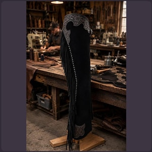 May include: Black leather chaps featuring long fringe along the side, a row of small silver-toned studs, and intricate floral tooling patterns embossed on the upper thigh and lower leg sections, displayed on a wooden stand.