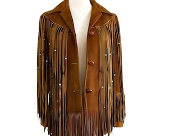 Women Native American Women’s Western Suede Leather Fringe Jacket with Beaded Detailing
