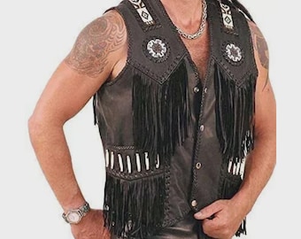 Mens Leather Vest Black Suede Cowboy Western Style Native American Beaded Fringe