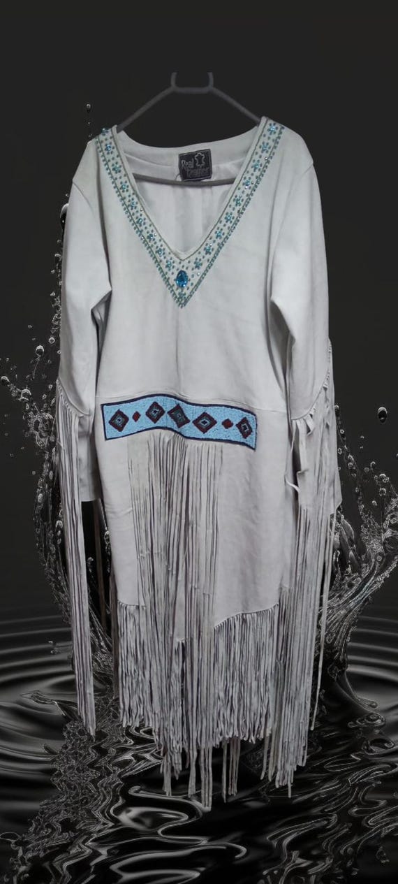 white dress with turquoise beading White Leather Fringe Dress with Hand-Beaded Turquoise Neckline