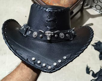 Handcrafted Black Leather Cowboy Hat with Bull Skull & Studded Leather Band
