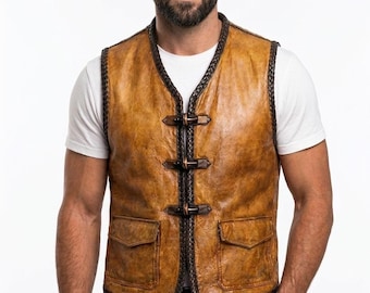Men’s Mustard Tan Leather Vest with Braided Trim