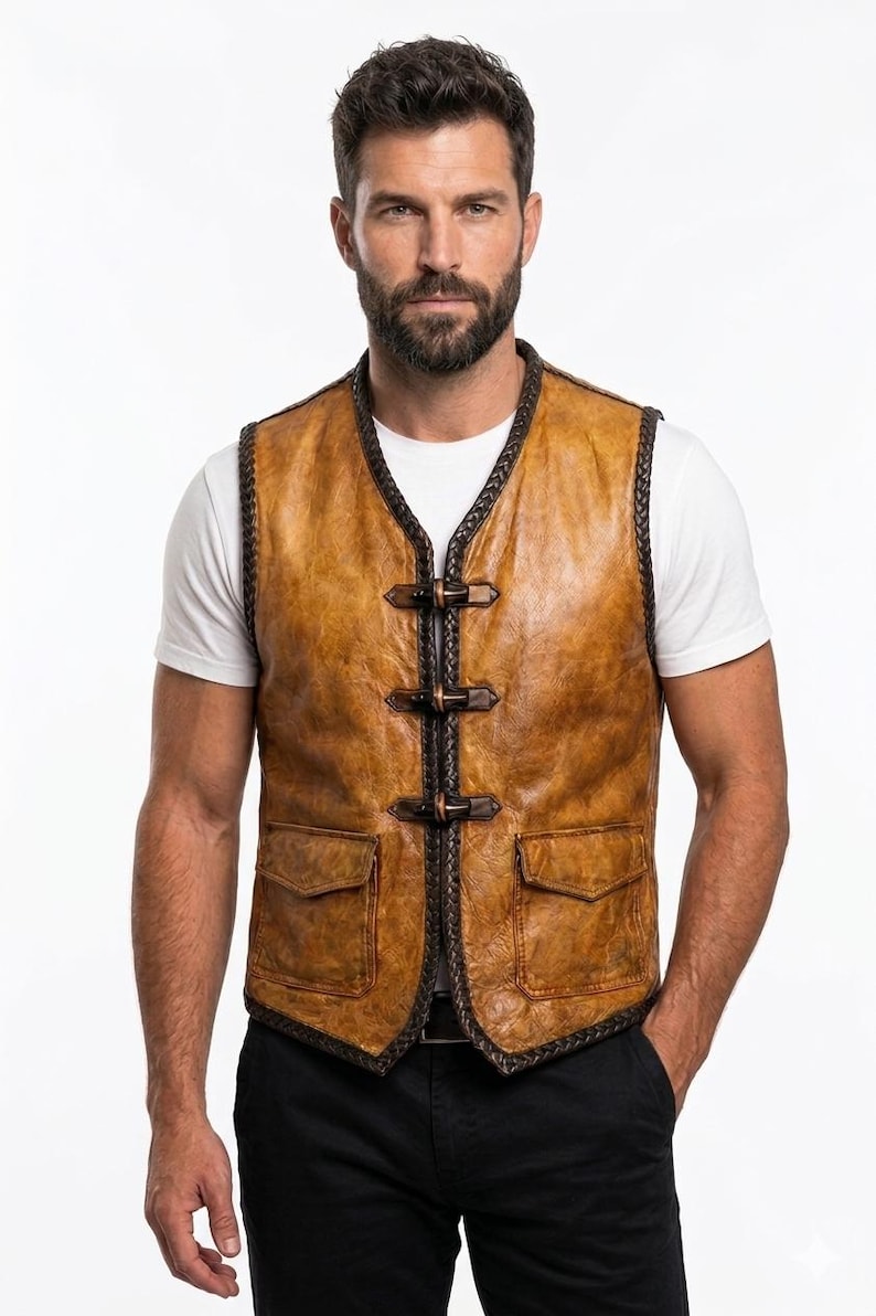 Puede incluir: Un chaleco de cuero marr&oacute;n con cuello en V, dos bolsillos delanteros y tres cierres de hebilla. El chaleco tiene un ribete trenzado marr&oacute;n oscuro y se usa sobre una camiseta blanca. El cuero parece envejecido.