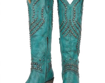 Teal Studded Western Cowboy Boots, Turquoise Leather Knee High, Boho Cowgirl Style