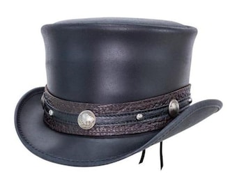 Black Leather Top Hat with Concho Band | Steampunk, Biker, Western Style