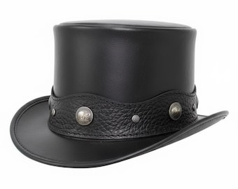 Leather Top Hat Steampunk Western Hat with Embossed Band & Metal Conchos | Festival,