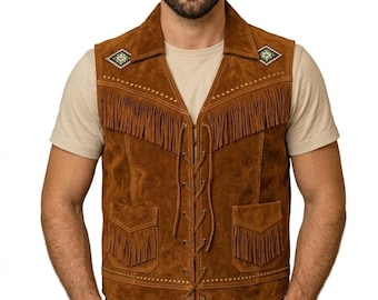 Men’s Cognac Suede Fringe Vest with Lace-Up Detail