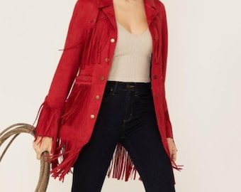 Vintage-Inspired Red Suede Fringe Jacket – Western Cowgirl Style