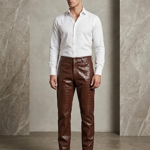 Men's Brown Crocodile Embossed Leather Pants, Bespoke Alligator Print Trousers