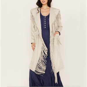 Western Fringe Leather Coat for Women – Boho Long Suede Jacket – Cowgirl Style Outerwear