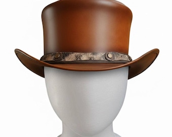 Leather Top Hat Luxurious Tan with Python-Style Band