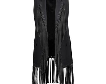 Chaleco de cuero negro con flecos – Chaqueta estilo western boho para festivales, chaleco largo con flecos hecho a mano