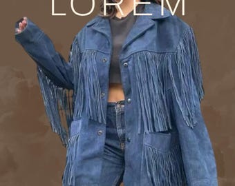 Frauen Blau Wildleder Lederjacke WithFringes - American Native Western Style