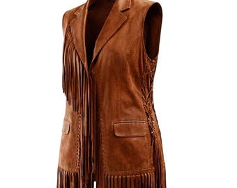 Damska skórzana kamizelka z frędzlami – bezrękawnik w stylu western chic ze sznurowaniem