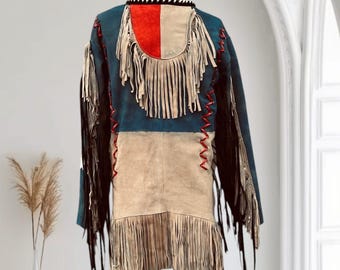 Handmade Native American Style Leather Tunic with Fringe – Traditional Western Leather Dress